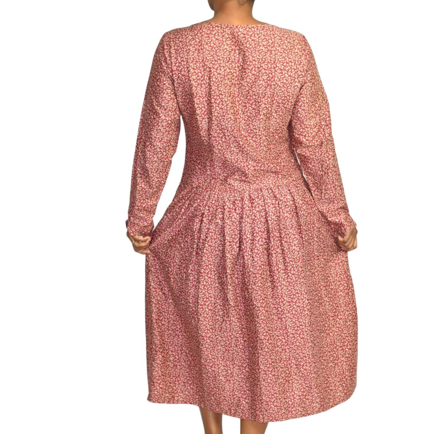 Vintage Cacharel Prairie Dress Maxi Red Floral Ditsy Cotton Sack Modest Size Medium
