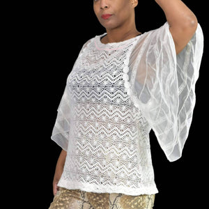 Free People Crochet Angel Sleeve Top New Romantics Cream Sheer Lace Top Size Medium