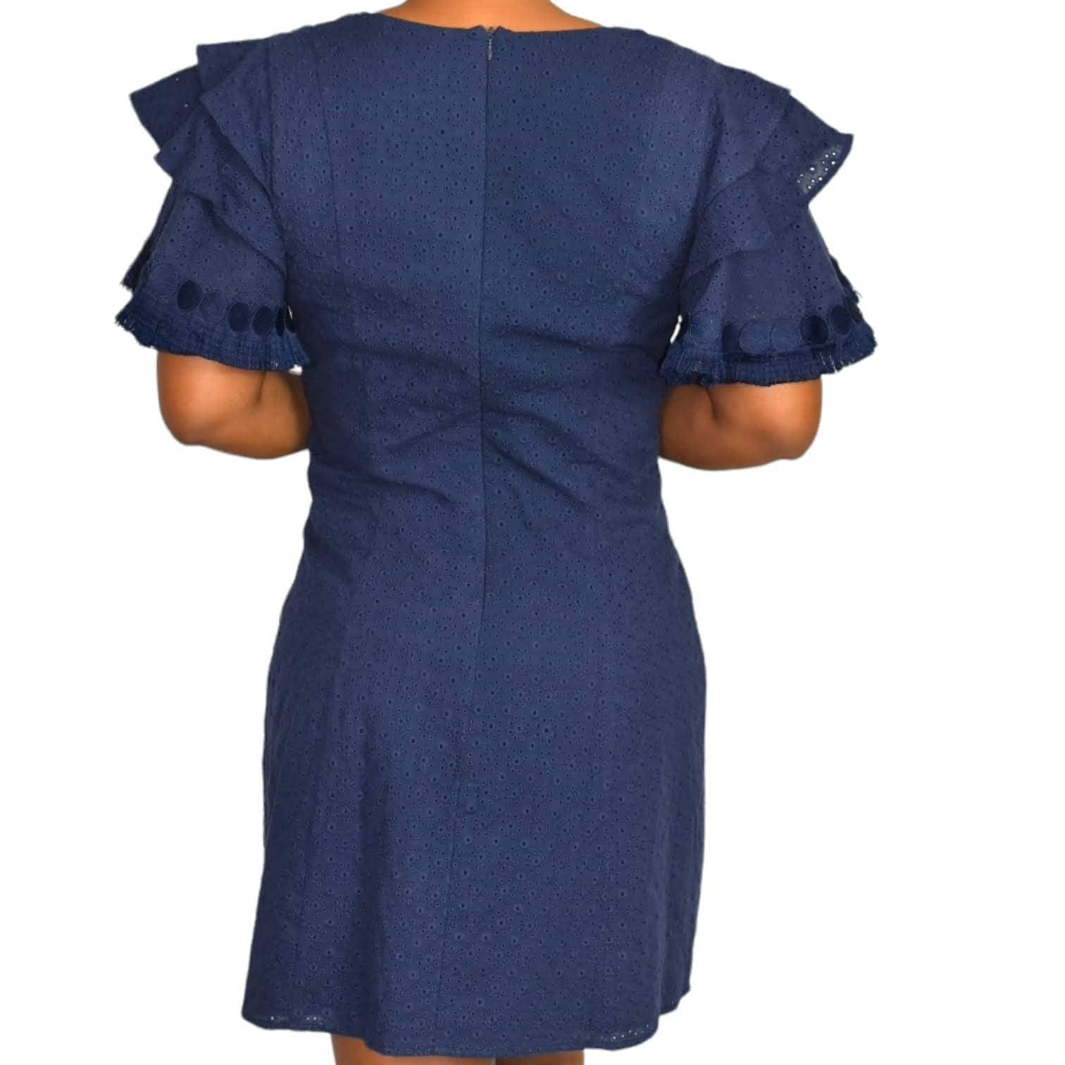 Belle Badgley Mischka Mini Dress Blue Navy Fringed Tiered Ruffle Sleeve Size 8