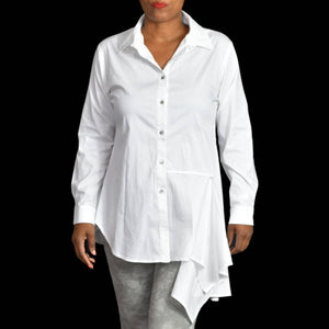 Comfy USA Asymmetrical White Shirt Lagenlook Button Front Draped Size Small