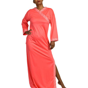 Vintage Vanity Fair Caftan Lounger Coral Pink Nylon Silky Side Slit Size Small