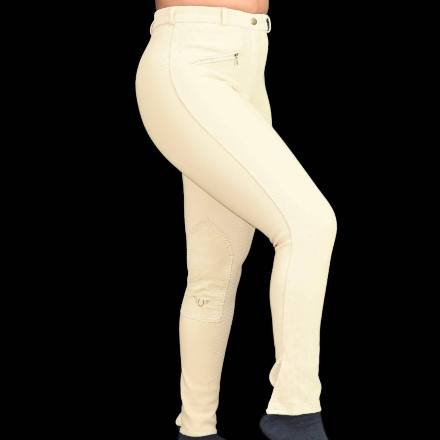 Tuffrider Riding Pants Tan Ribbed Knee Patch Breeches Sock Bottom Size 26 Womens Equestrian