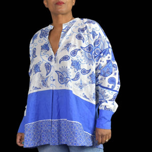 Ros Garden Jackson Top Blue Tunic Shirt Block Paisley Print Long Sleeve Size Small