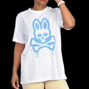 Psycho Bunny Tee Shirt Dripping Graphic White Blue Crew Neck Short Sleeve Size Small Mens