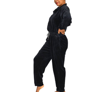 Geoffrey Hunter Sport Vintage Velour Jumpsuit Black Loungewear Tracksuit Drawstring Waist Size Medium