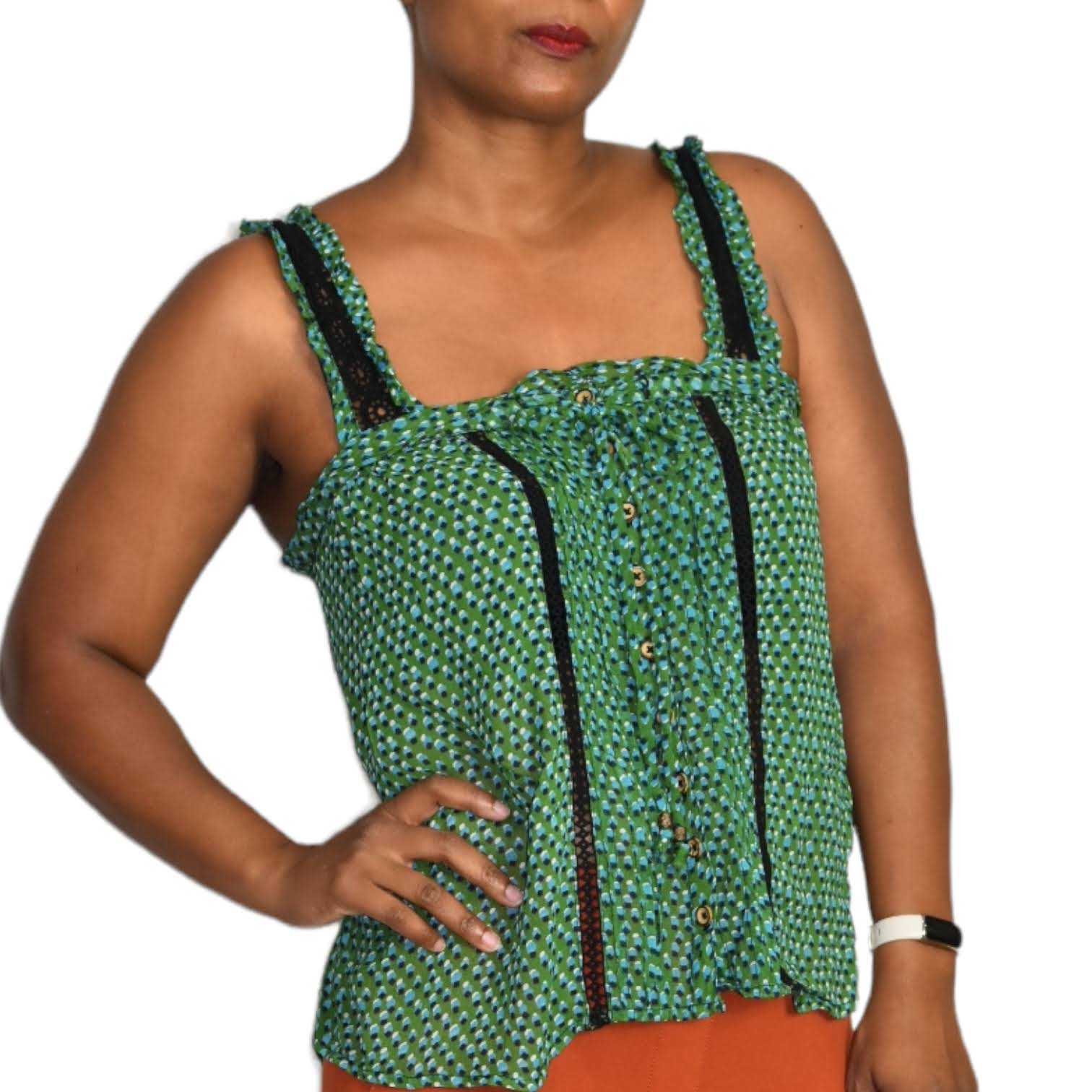 Anthropologie Bardot Tank Top Green Printed Sheer Chiffon Crochet Blouse Size 2
