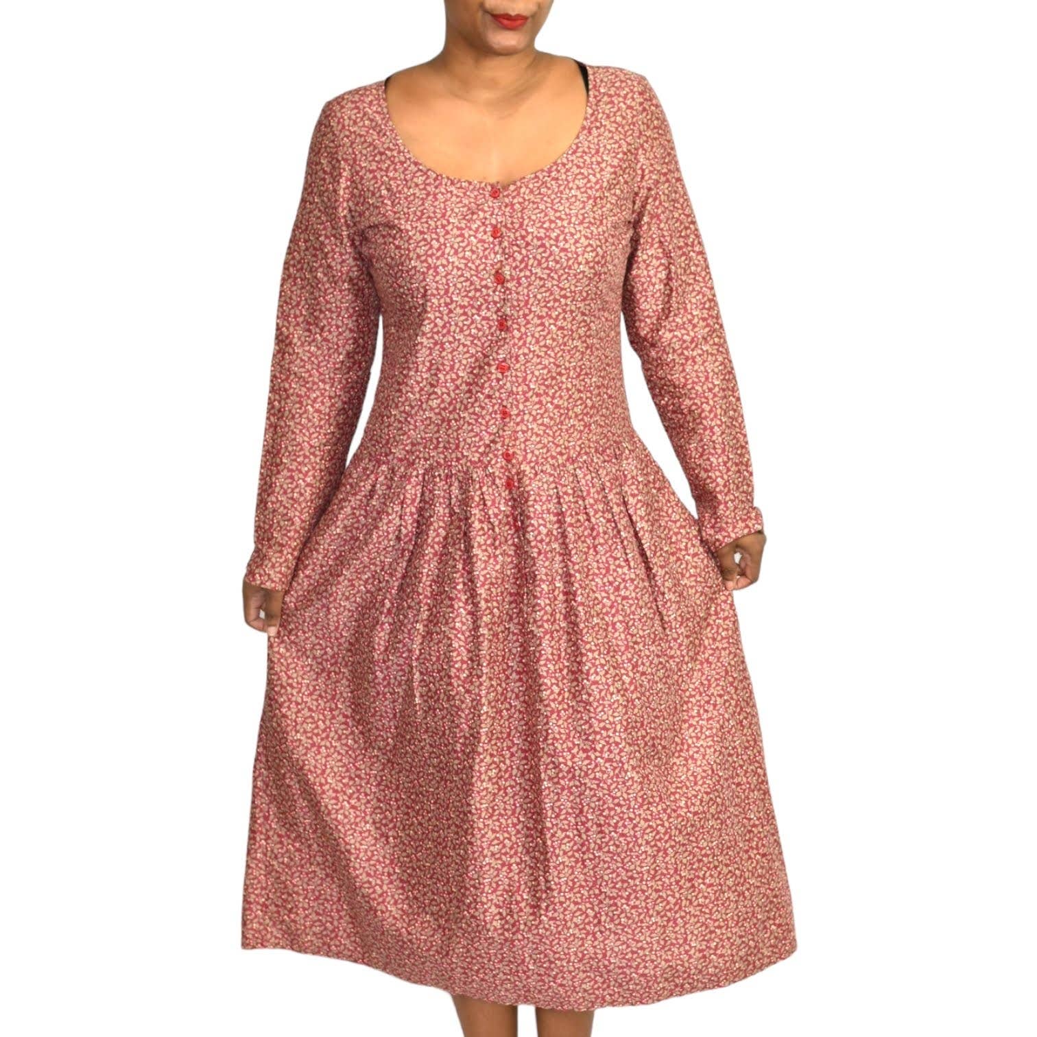 Vintage Cacharel Prairie Dress Maxi Red Floral Ditsy Cotton Sack Modest Size Medium