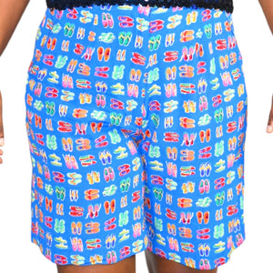 Vintage Printed Mom Shorts Blue High Waisted Shoes Knee Length Rayon Size Medium