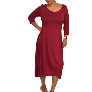 Eileen Fisher Lantern Hem Dress Jersey Knit Midi Bubble Red Stretch Size Medium