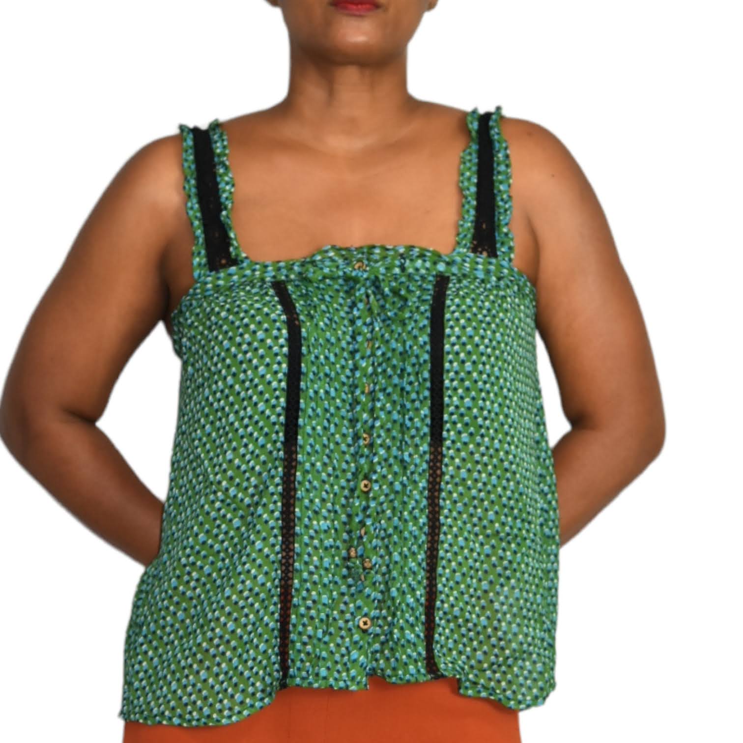 Anthropologie Bardot Tank Top Green Printed Sheer Chiffon Crochet Blouse Size 2