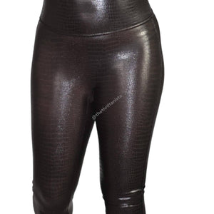 Spanx Faux Leather Croc Leggings Brown Shine High Waist Shaping Slimming Size Small