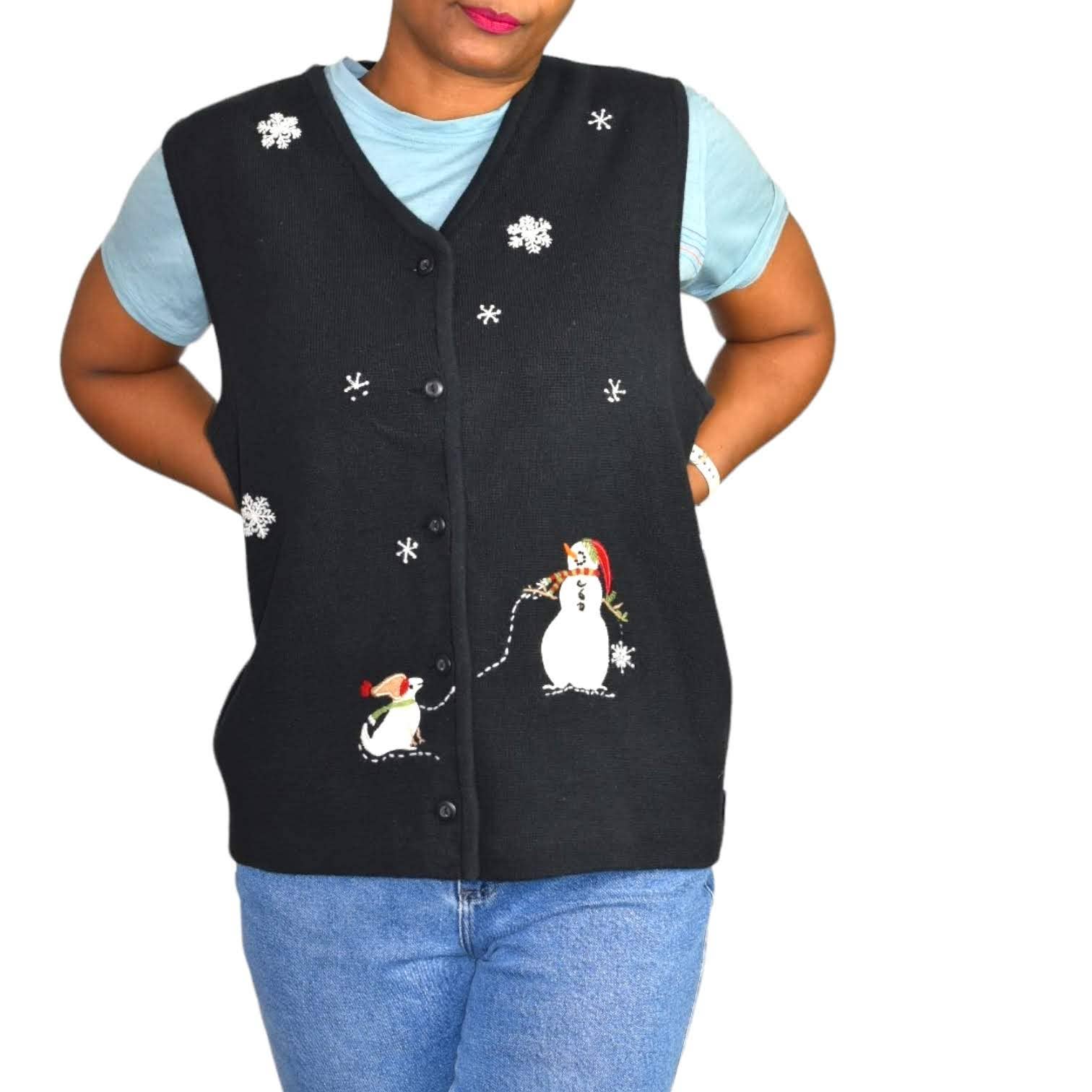 Woolrich Holiday Sweater Vest Ugly Vintage Christmas Festive Dog Snowman Size XL