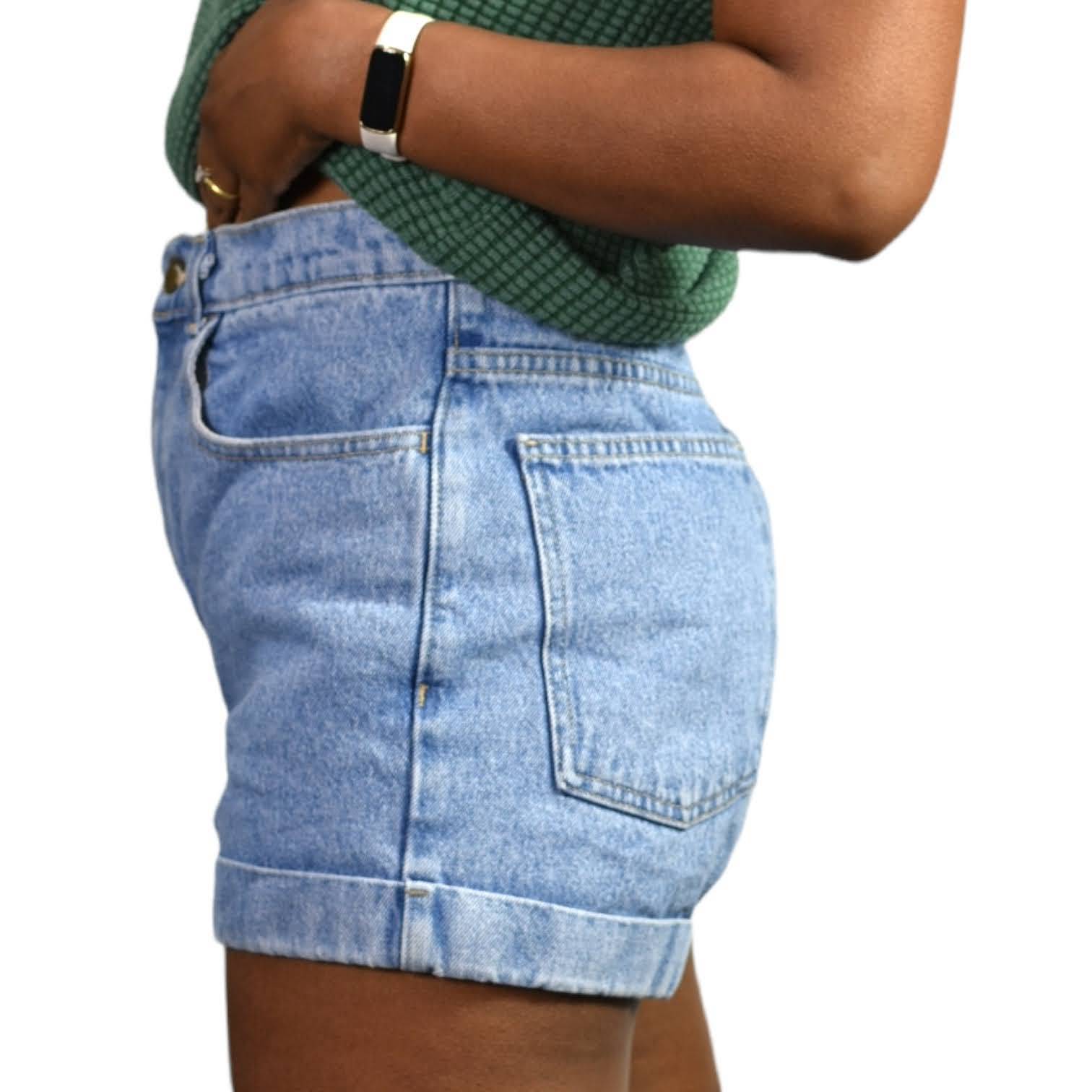 American Apparel High Rise Jean Shorts Cuffed Blue Light Wash Cotton Size 29