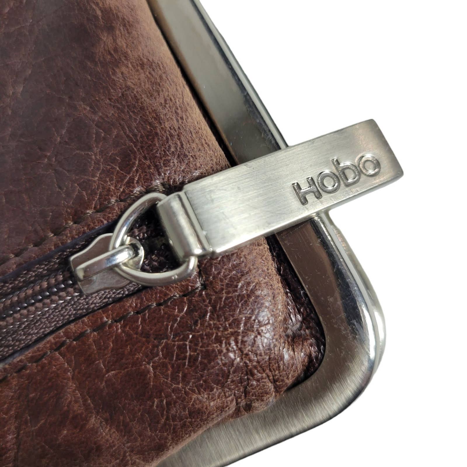 Hobo Clutch Wallet Lauren Double Frame Dark Distressed Brown Leather Pockets Kiss Lock