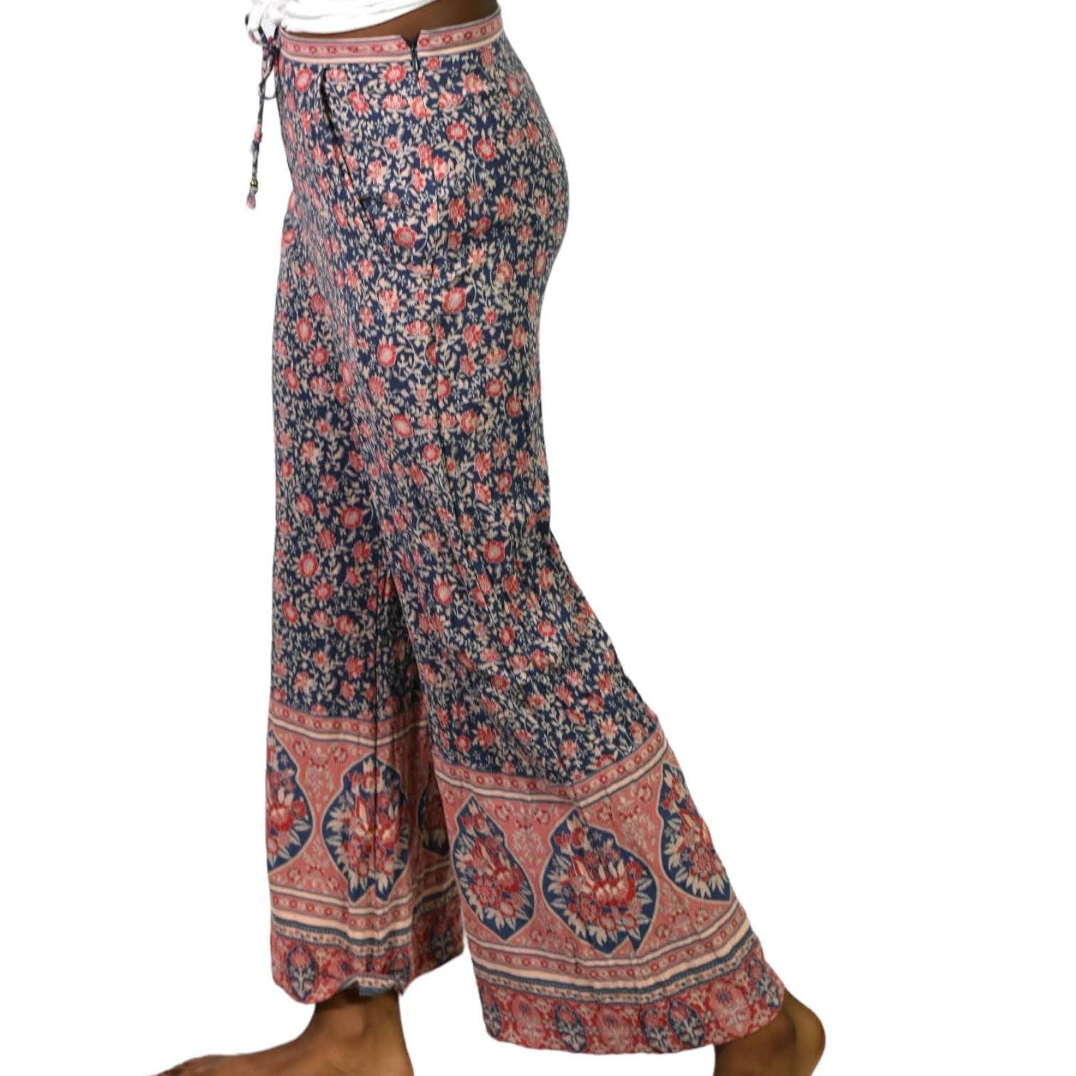 Spell and the Gypsy Flare Pants Blue Jasmine Palazzo High Waist Floral Size XS