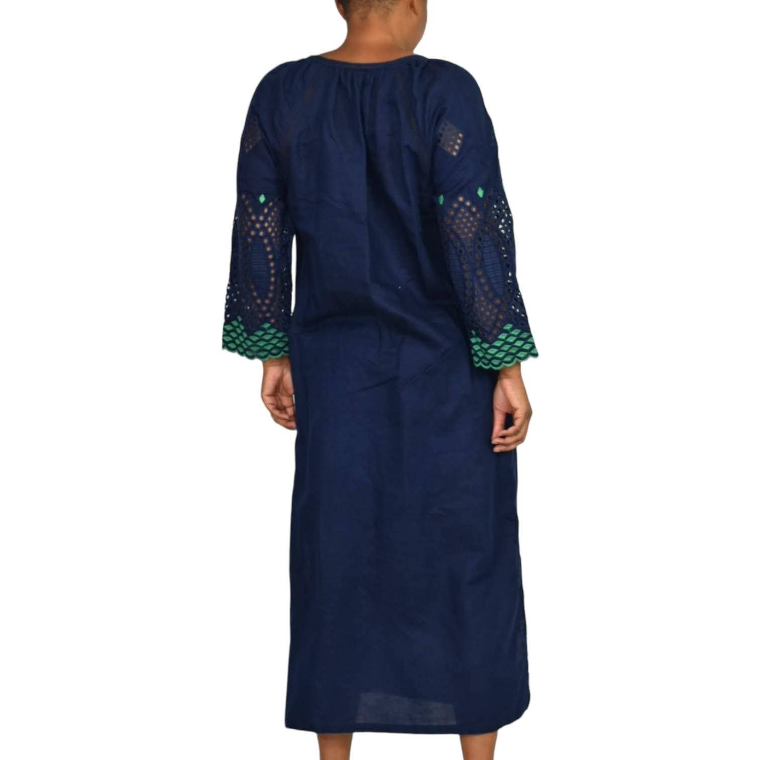 J Crew Eyelet Caftan Dress Blue Midi Cover Up Tunic Side Slits Linen Size Medium
