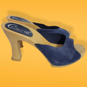 Vintage Candies Heels Platform Slides Leather Sandal Blue Slip On Clogs Size 8.5