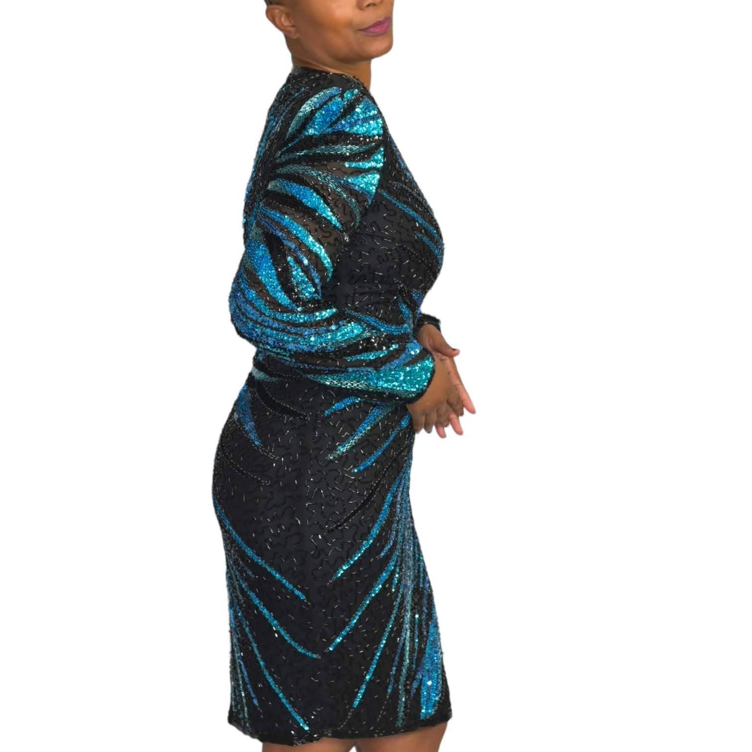 Vintage Sequin Dress Joan Leslie Evening Wear Party Beaded Silk Sheath Size 8