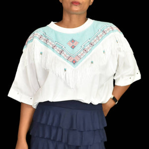 Vintage Hazel Woods Southwestern Fashion Shirt Top Fringe Beads Pastel Size XL