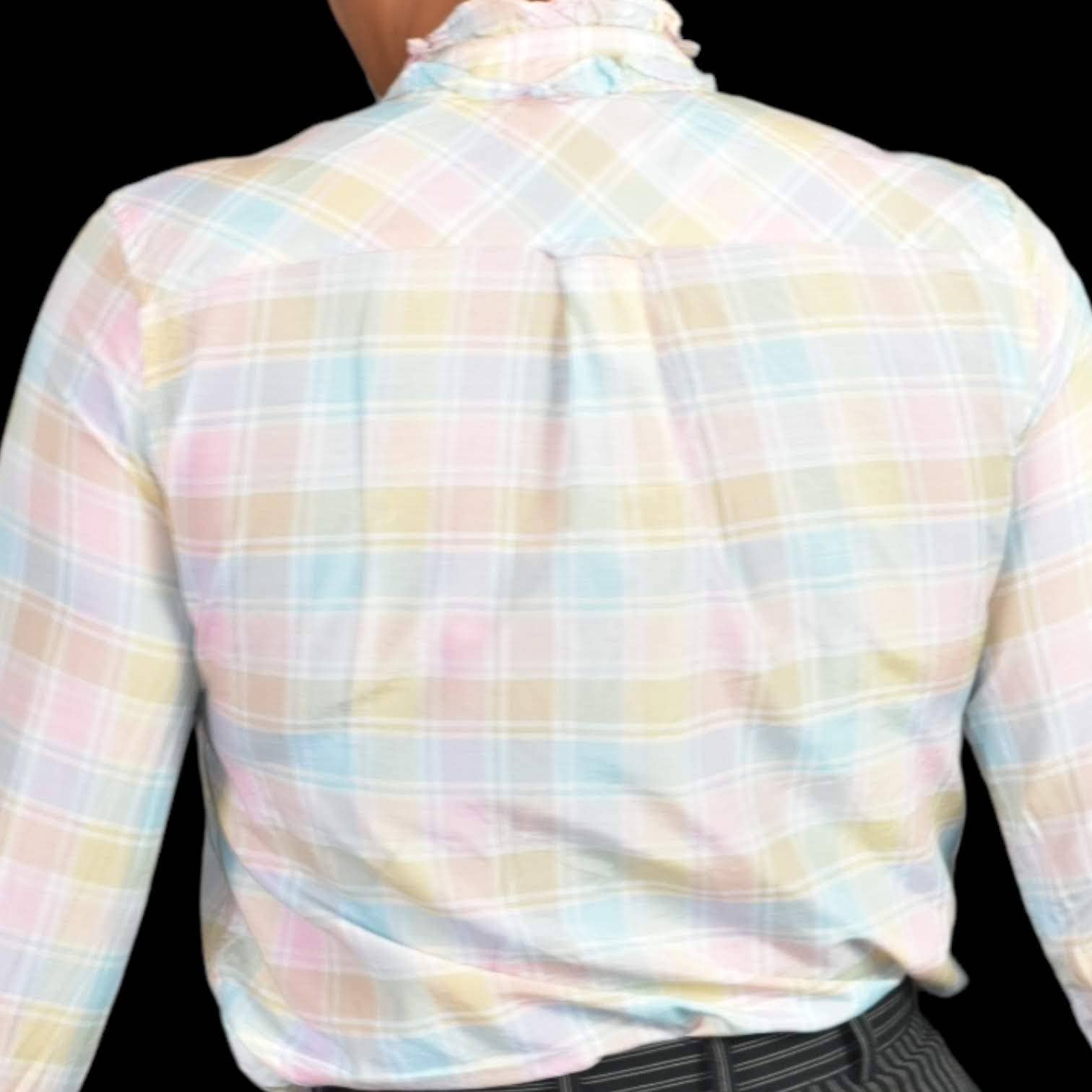 J Crew Ruffle Neck Shirt Classic Fit Voile Pastel Plaid Top Button Front Size 0