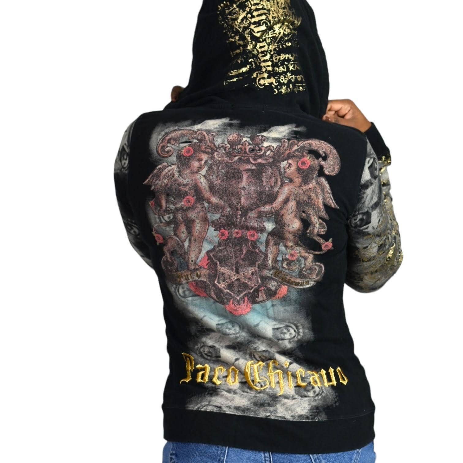 Christian Audigier Hoodie Paco Chicano Zip Front Jacket Angels Religious Graffiti Airbrush Tattoo Size Medium