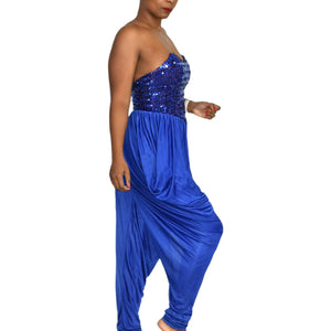 Vintage Sequin Harem Pant Jumpsuit Blue Strapless Sweetheart Draped Size Small