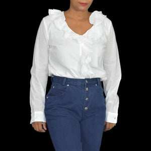J Peterman White Ruffle Blouse Shirt Button Front Cotton Long Sleeve Size Small