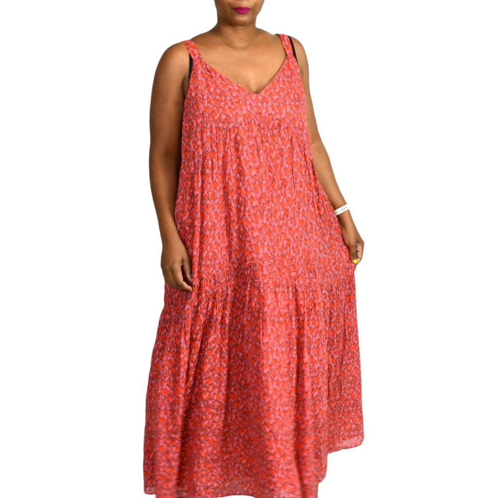 Joie Tiered Midi Dress Bondi Cotton Sundress Loose Fit Straps Pink Size Large