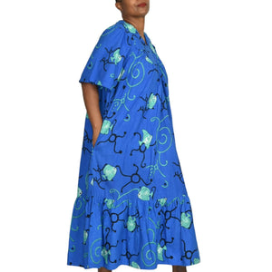 Vintage Patio Dress Housedress Midi Muumuu Blue Fish Print Tent Size Medium