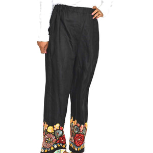 Black Embroidery Hem Pants Linen Elastic High Waisted Straight Leg Size Medium