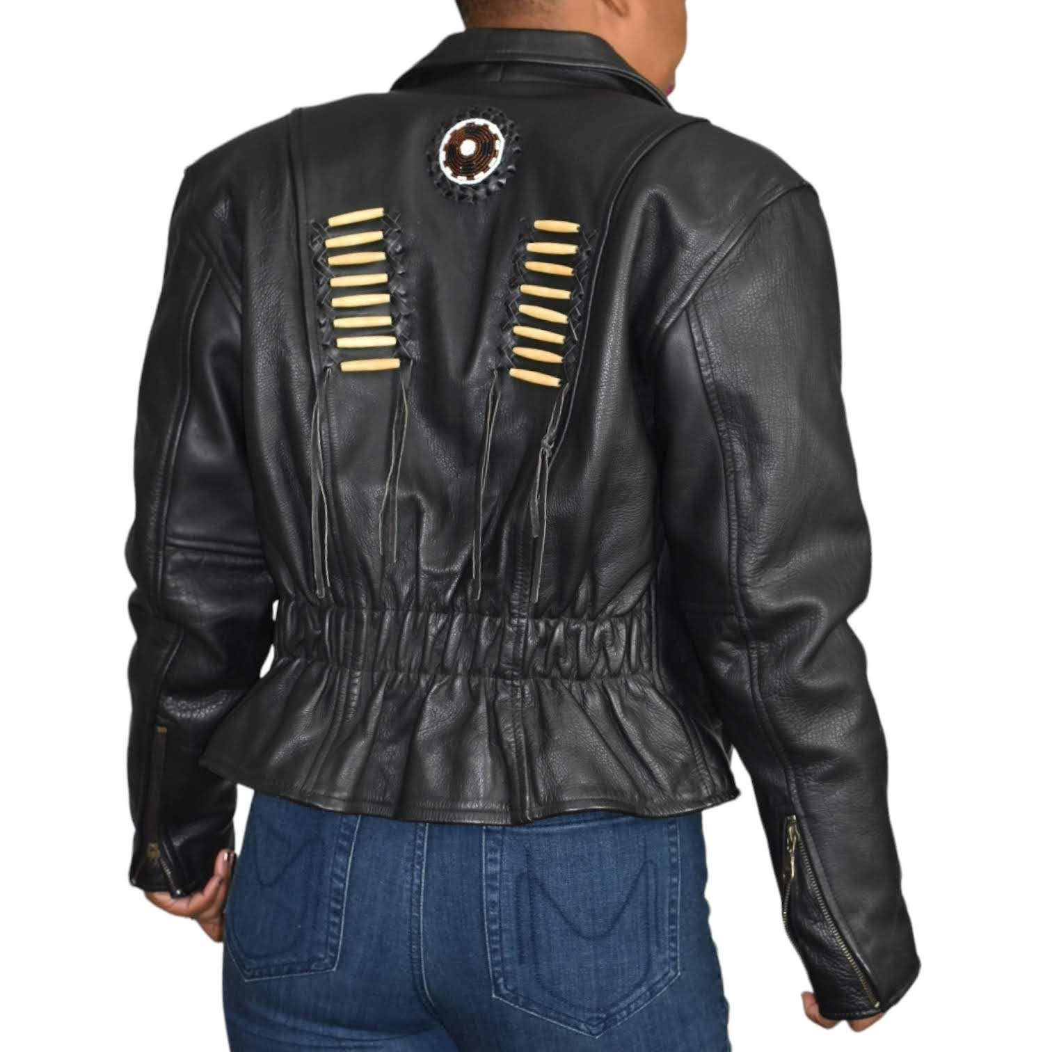 Vintage Force Leather Motorcycle Jacket Beaded Tassel Braided Black Lined Size Medium 10