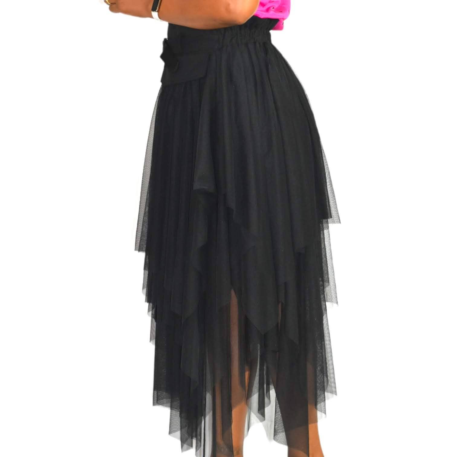 Tulle Mesh Midi Skirt Black Sheer Asymmetrical Elastic Waist Tiered Size 6 Robin