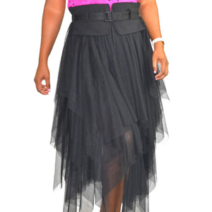 Tulle Mesh Midi Skirt Black Sheer Asymmetrical Elastic Waist Tiered Size 6 Robin