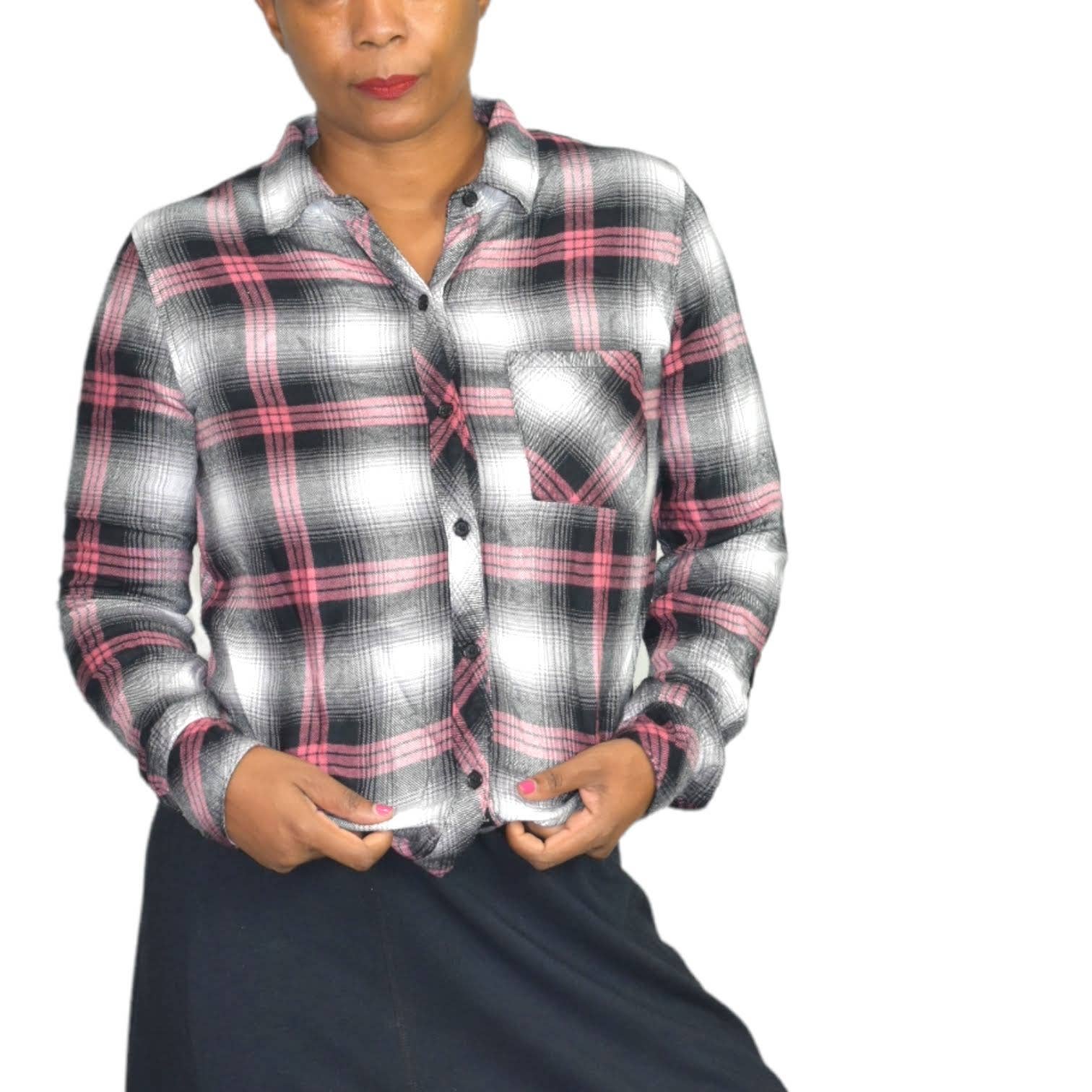 Rails Hunter Plaid Shirt Button Down Flannel Black Taffy PInk Slim Size Small