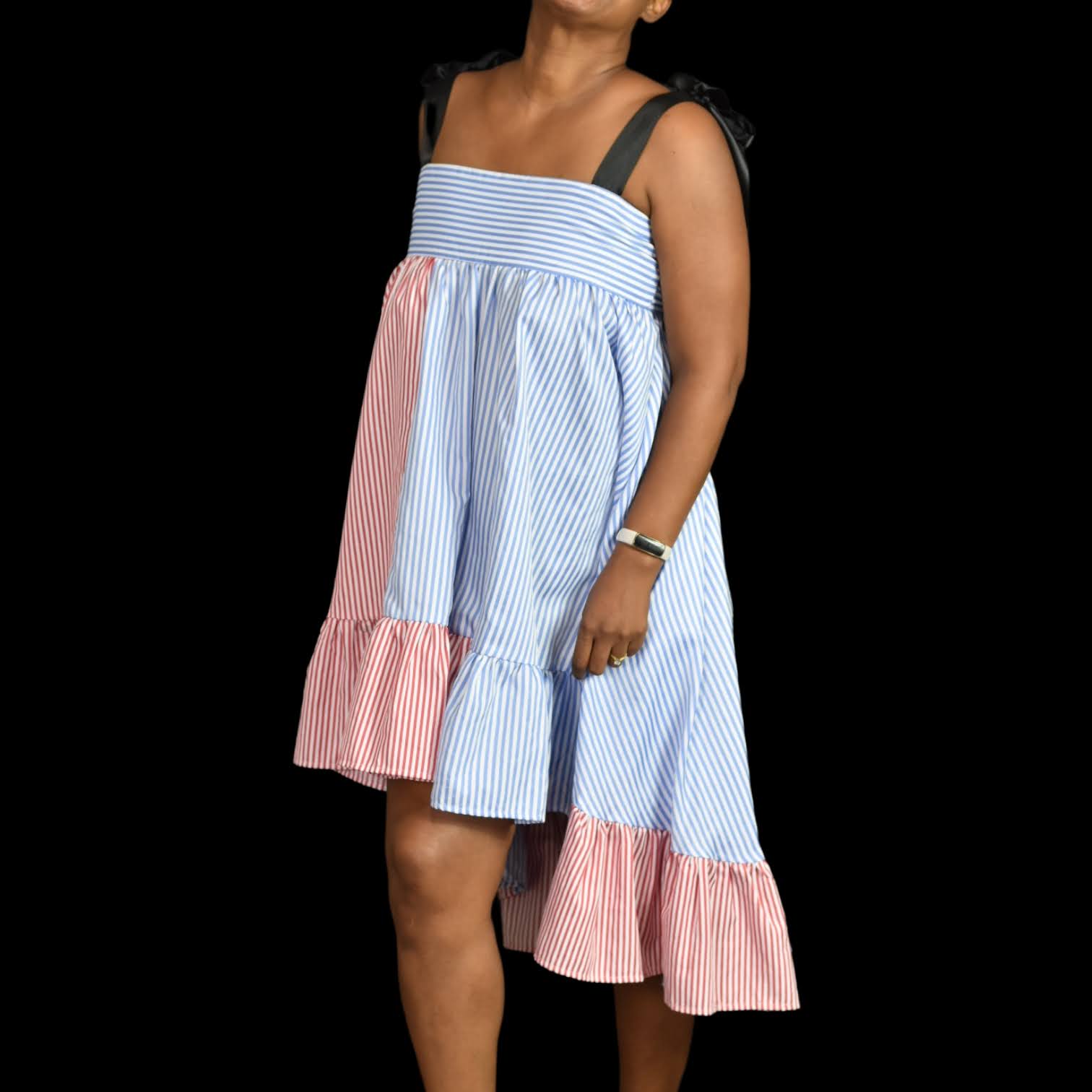 SHEIN Shoulder Tie Dress Colorblock Ruffle Tiered Dip Hem Sundress Size Medium