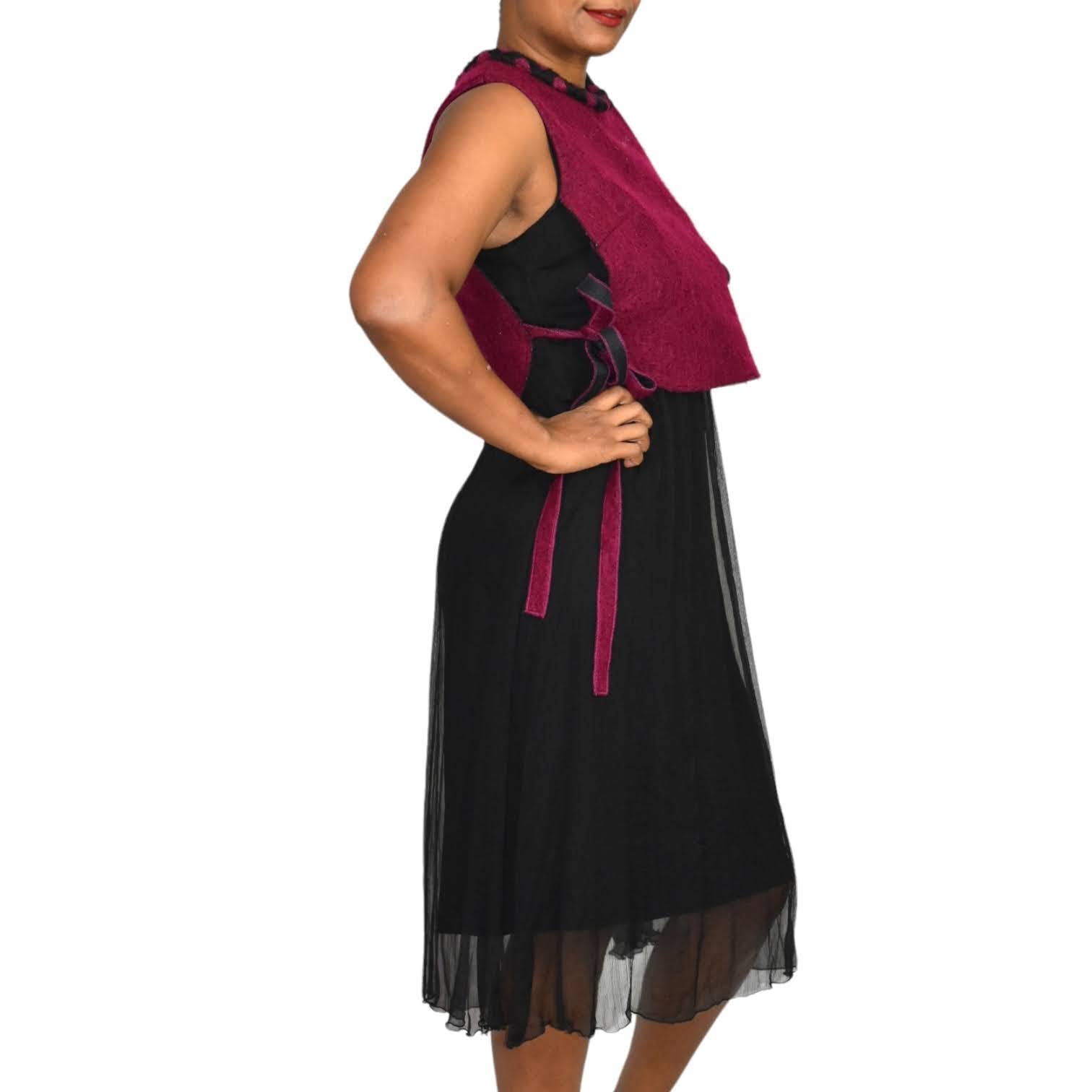 Vest Overlay Midi Dress Red Black Ties Braided Collar Sleeveless Sheer Size Small