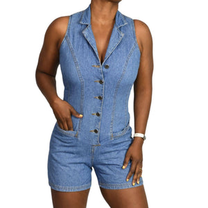 Vintage Denim Romper Jeans Playsuit Shorts Laced Back Cutout Blue Cotton Size XS