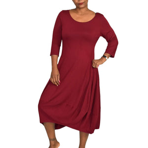 Eileen Fisher Lantern Hem Dress Jersey Knit Midi Bubble Red Stretch Size Medium