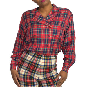 Vintage Tartan Shirt Red Double Breasted Tartan Chef Top LizSport Size Small Petite