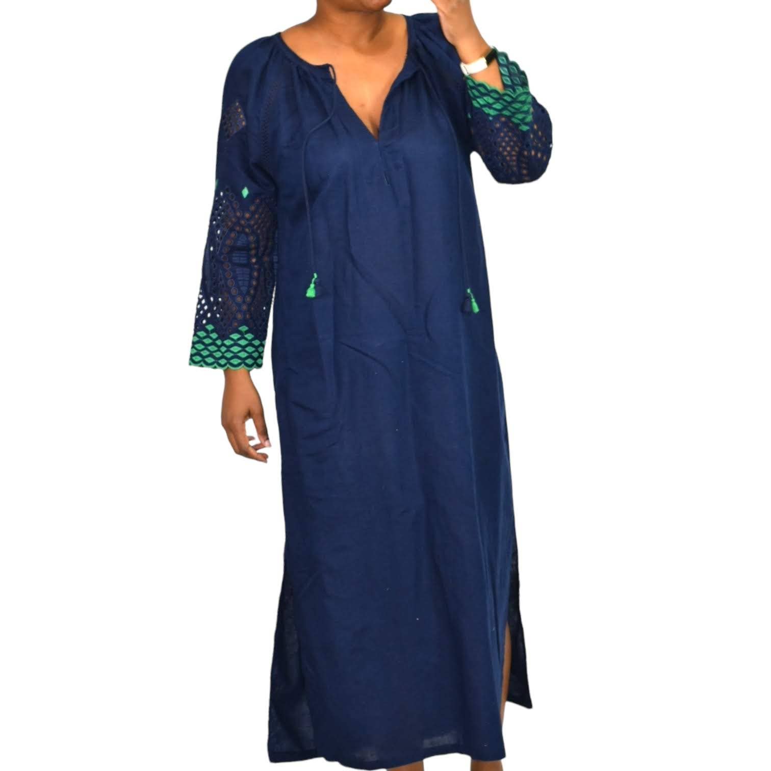 J Crew Eyelet Caftan Dress Blue Midi Cover Up Tunic Side Slits Linen Size Medium