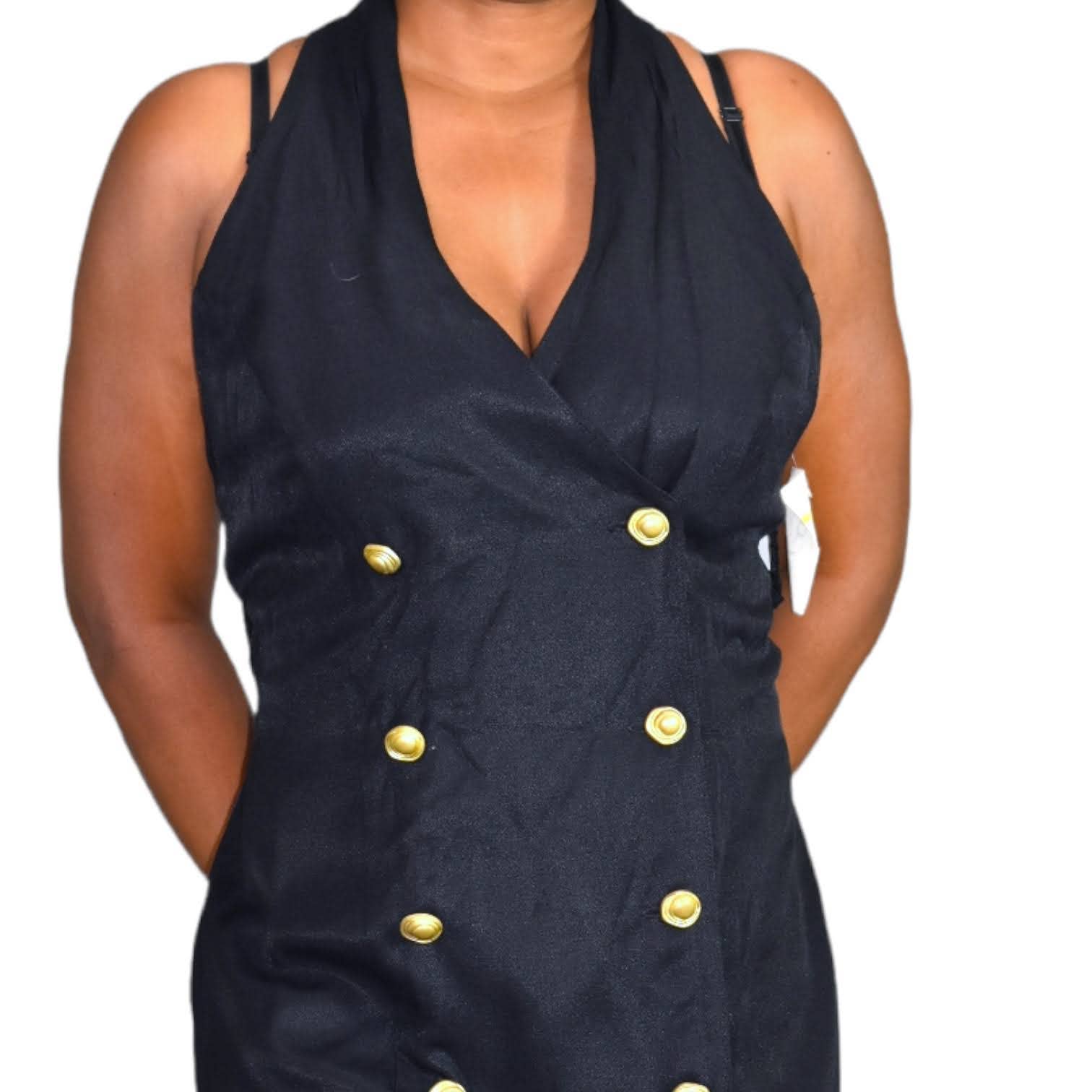 Vintage Mini Blazer Dress Black Macys Criss Cross Straps Double Breasted Size 10