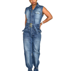 Rocawear Sleeveless Denim Utility Cargo Flight Jumpsuit Stretch Blue Jeans Y2K Size Large