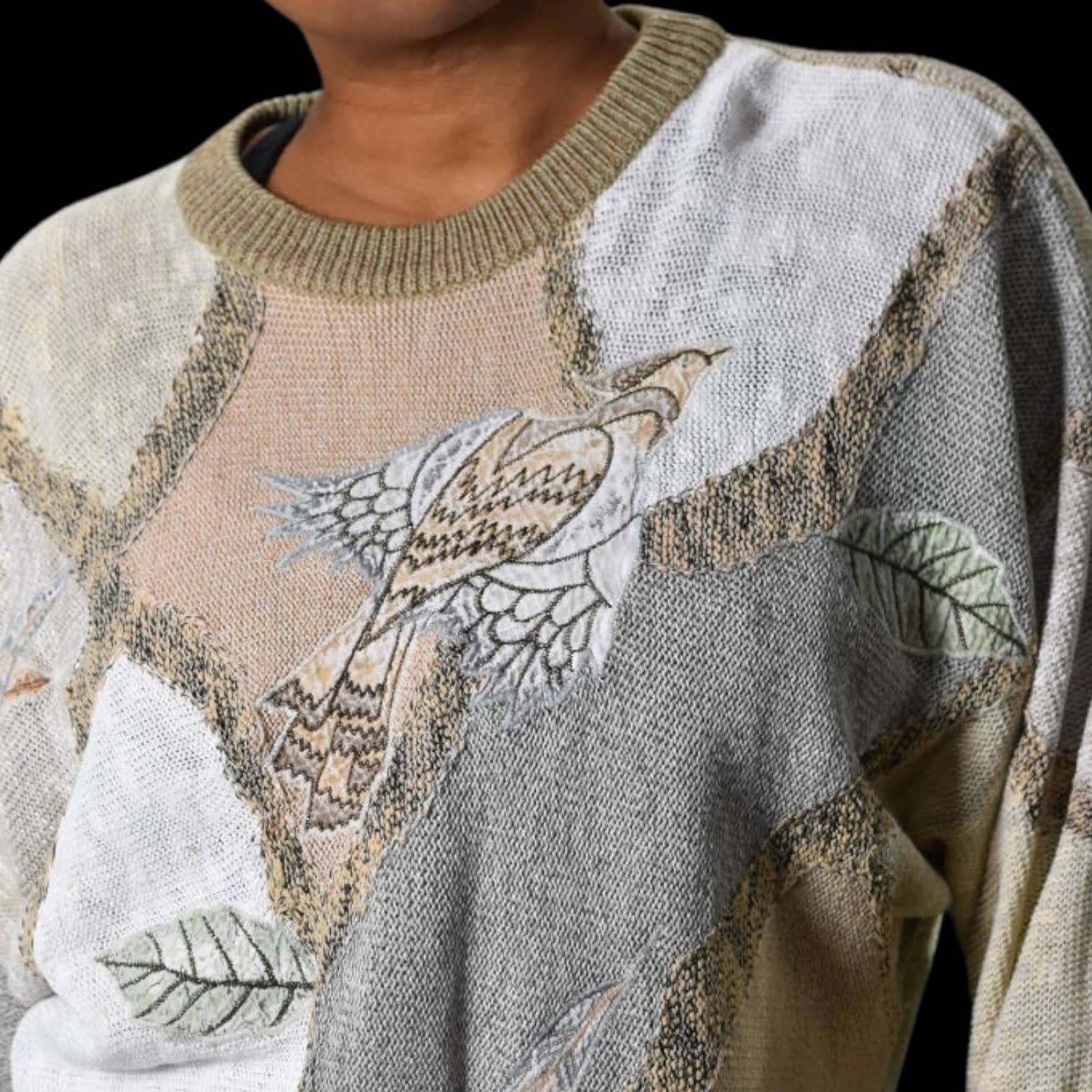 Mariea Kim Sweater Vintage Tan Bird Nature Tree Applique Intarsia Knit Size Small