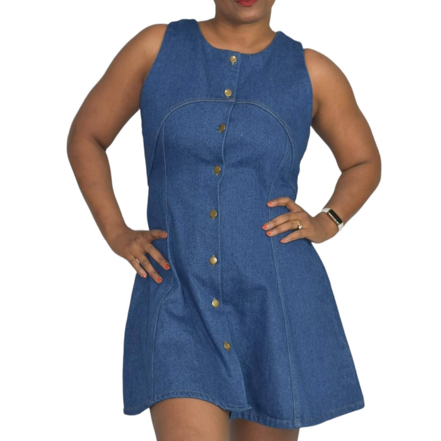 JOA Denim Mini Dress Blue Jean Sleeveless Button Front Jumper Cutout Size Medium
