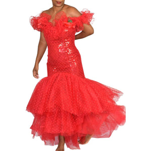 Vintage Sequin Dress Red Mermaid Loralie 90s Prom Tulle Mesh Off the Shoulder Ruffles Size XS 2