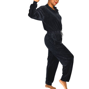 Geoffrey Hunter Sport Vintage Velour Jumpsuit Black Loungewear Tracksuit Drawstring Waist Size Medium