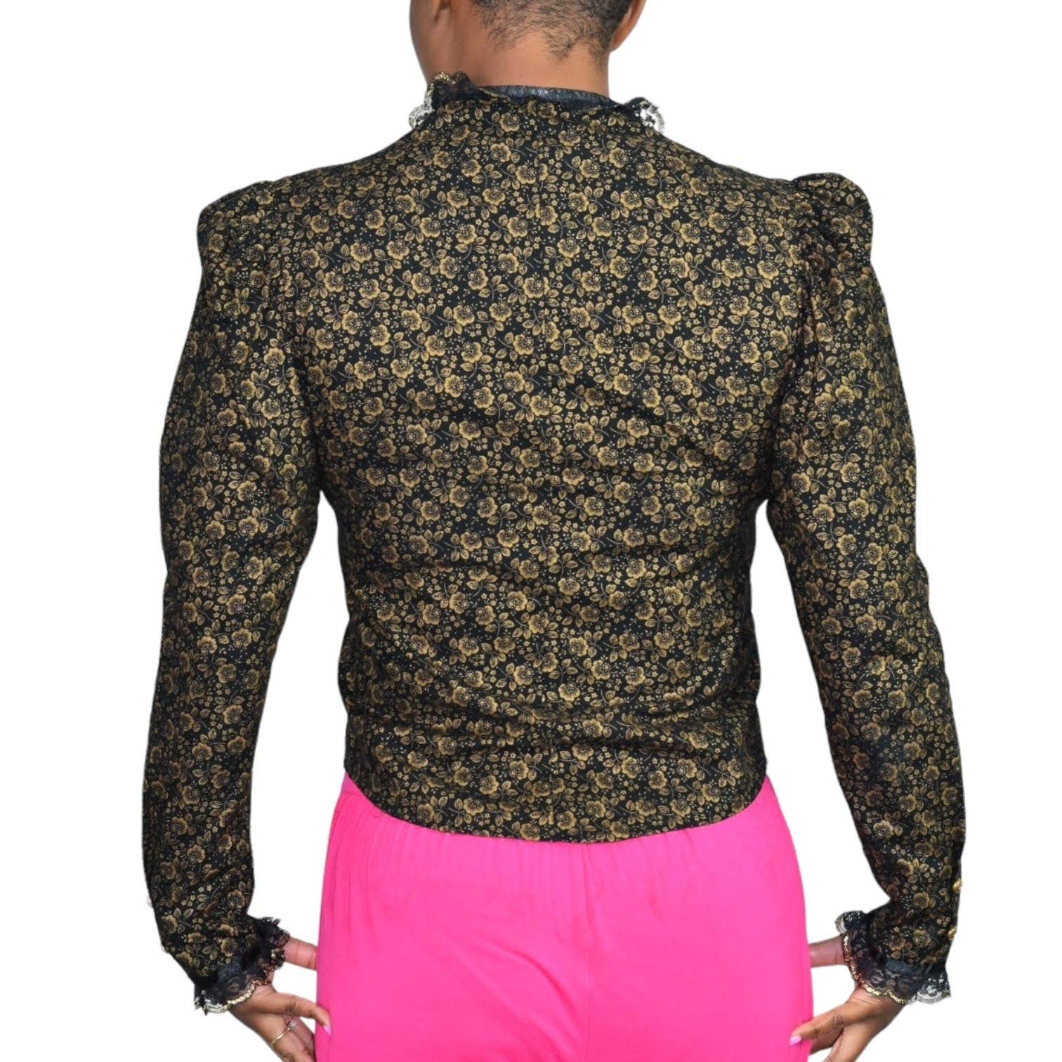 Vintage Victorian Shirt Black Gold Prairie Puffed Sleeve Corset Circle T Marilyn Lenox 80s Western Small