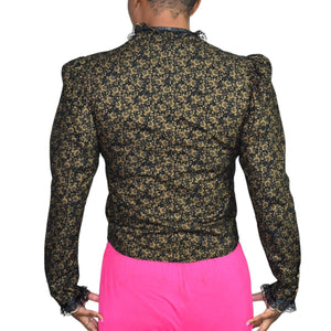 Vintage Victorian Shirt Black Gold Prairie Puffed Sleeve Corset Circle T Marilyn Lenox 80s Western Small