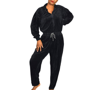 Geoffrey Hunter Sport Vintage Velour Jumpsuit Black Loungewear Tracksuit Drawstring Waist Size Medium