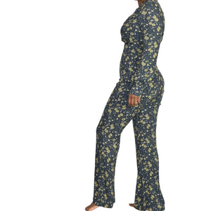 Free People Some Like it Hot Jumpsuit Blue Flare Leg Long Sleeve Floral Size 4